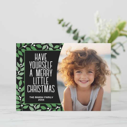 Cartes Pour Fêtes Annuelles Joyeux Noël botanique moderne Photo noir vert (Debout devant)