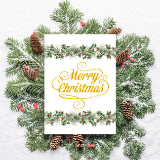 Cartes Pour Fêtes Annuelles Joyeux Noël Branches de pin Pommes de pin Houx