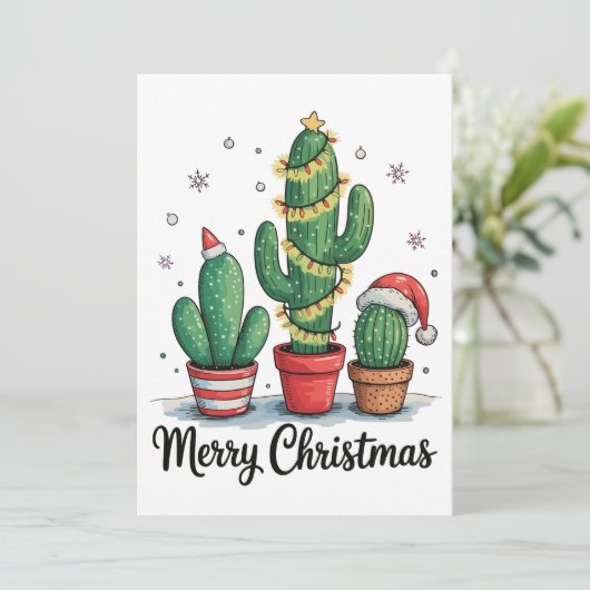Cartes Pour Fêtes Annuelles Joyeux Noël Cactus Arbre Festif Lumières de Noël (Debout devant)