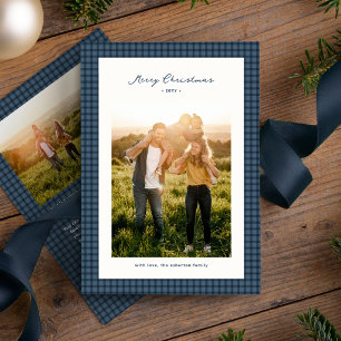 Cartes Pour Fêtes Annuelles Joyeux Noël cadre bleu à carreaux deux photos