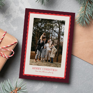 Cartes Pour Fêtes Annuelles Joyeux Noël cadre ondulé photo rouge burgundy