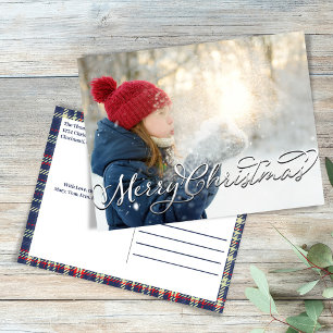 Cartes Pour Fêtes Annuelles Joyeux Noël Calligraphie Script Navy Blue Plaid