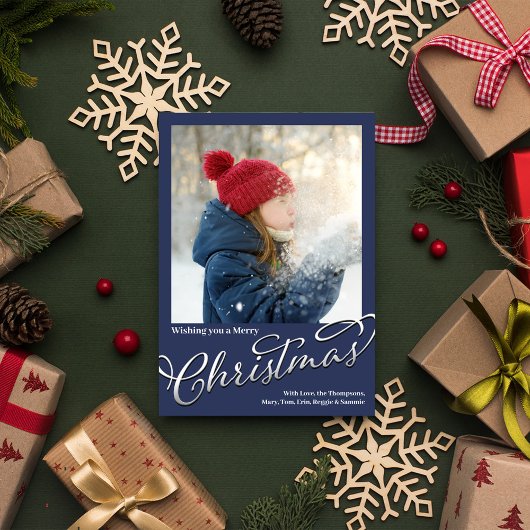 Cartes Pour Fêtes Annuelles Joyeux Noël Calligraphie Script Navy Blue Plaid