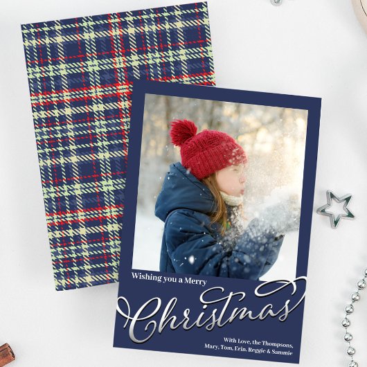 Cartes Pour Fêtes Annuelles Joyeux Noël Calligraphie Script Navy Blue Plaid