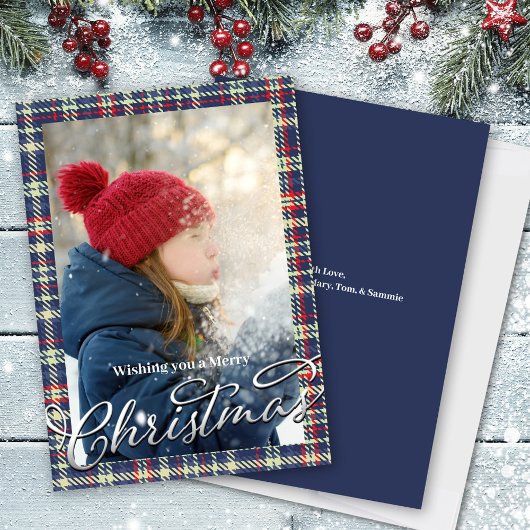 Cartes Pour Fêtes Annuelles Joyeux Noël Calligraphie Script Navy Blue Plaid