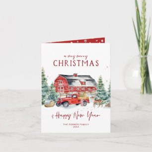 Cartes Pour Fêtes Annuelles Joyeux Noël Camion rouge de vacances à l'aquarel