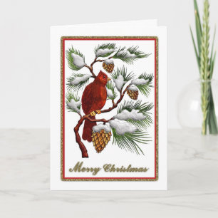 Cartes Pour Fêtes Annuelles Joyeux Noël - cardinal rouge avec des cônes de pin