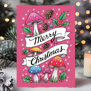 Cartes Pour Fêtes Annuelles Joyeux Noël Champignon Rose Forêt