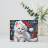 Cartes Pour Fêtes Annuelles Joyeux Noël Chat blanc et Arbre de Noël (Debout devant)