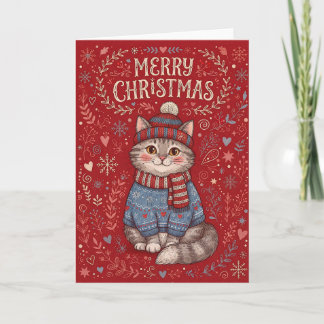 Cartes Pour Fêtes Annuelles Joyeux Noël Chat portant un pull et un chapeau