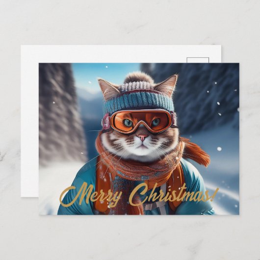Cartes Pour Fêtes Annuelles Joyeux Noël Chat ski (Devant / Derrière)