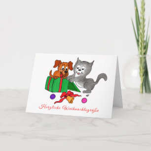 Cartes Pour Fêtes Annuelles Joyeux Noël, chien et chat en allemand