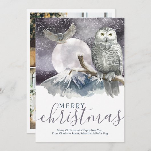 Cartes Pour Fêtes Annuelles Joyeux Noël Chouette neigeuse Personnalisée (Devant / Derrière)