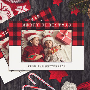 Cartes Pour Fêtes Annuelles Joyeux Noël classique Buffle Rouge Plaid Photo Ho
