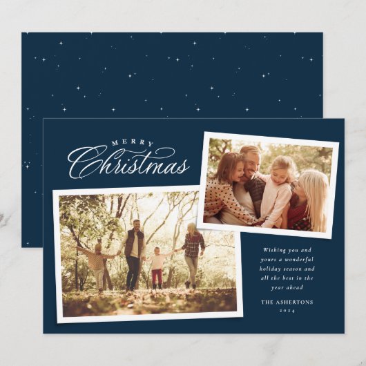 Cartes Pour Fêtes Annuelles Joyeux Noël classique script deux photo bleu marin (Devant / Derrière)