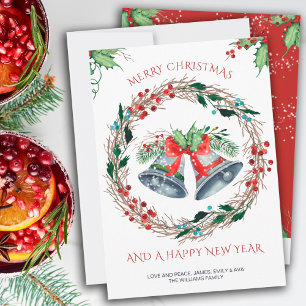 Cartes Pour Fêtes Annuelles Joyeux Noël Clochettes Argentées et Couronne Rusti