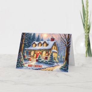 Cartes Pour Fêtes Annuelles Joyeux Noël Cosy Cottage Vintage en Forêt