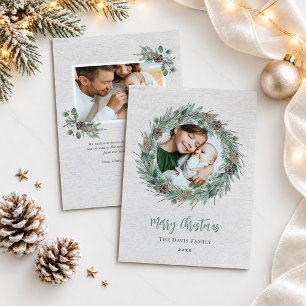 Cartes Pour Fêtes Annuelles Joyeux Noël Couronne de Cônes de Pin Rustique Phot