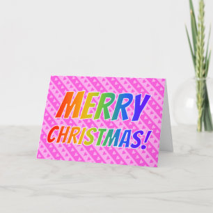 Cartes Pour Fêtes Annuelles "Joyeux NOËL !" dans Rainbow Text + Pink Hearts
