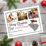 Cartes Pour Fêtes Annuelles Joyeux Noël de Caroline du Sud<br><div class="desc">Design rustique "Joyeux Noël" avec une silhouette d'état superposée avec un motif de buffles noir et blanc et un look vintage camion rouge transportant un arbre de vacances. Légende éditable : "Joyeux Noël, vous de Caroline du Sud". Ajoutez simplement vos trois photos de famille, votre nom de famille et l'année...</div>