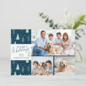 Cartes Pour Fêtes Annuelles JOYEUX NOËL Écriture Arbres Vert Bleu 3 Photos (Debout devant)