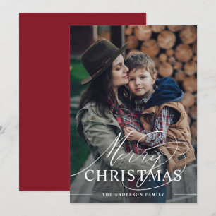 Cartes Pour Fêtes Annuelles Joyeux Noël Écriture Élégante Photo Merlot Rouge