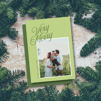 Cartes Pour Fêtes Annuelles Joyeux Noël Écriture Élégante Une Photo Verte