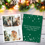 Cartes Pour Fêtes Annuelles joyeux Noël écriture verte 3 photos collage<br><div class="desc">arrière - plan déco par freepik.com élégant joyeux Noël vert script trois photos collage vacances Note Carte à deux côtés,  sur le dos côté message de vacances,  personnalisé.</div>