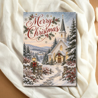 Cartes Pour Fêtes Annuelles Joyeux Noël Église de Campagne enneigée Vintage