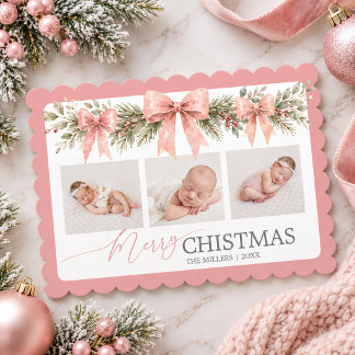 Cartes Pour Fêtes Annuelles Joyeux Noël Élégant 4 Photos Ruban Rose Verdure