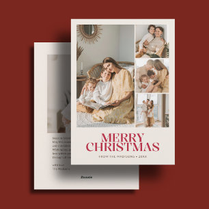 Cartes Pour Fêtes Annuelles Joyeux Noël élégant 5 Photo Blanc Ivoire Rouge