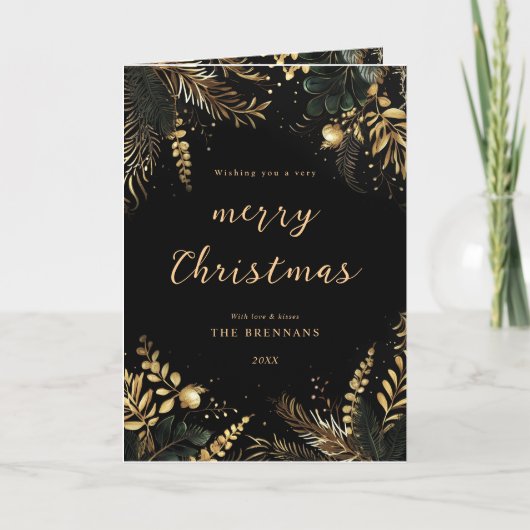 Cartes Pour Fêtes Annuelles Joyeux Noël Elégant Botanique Black Gold (Devant)