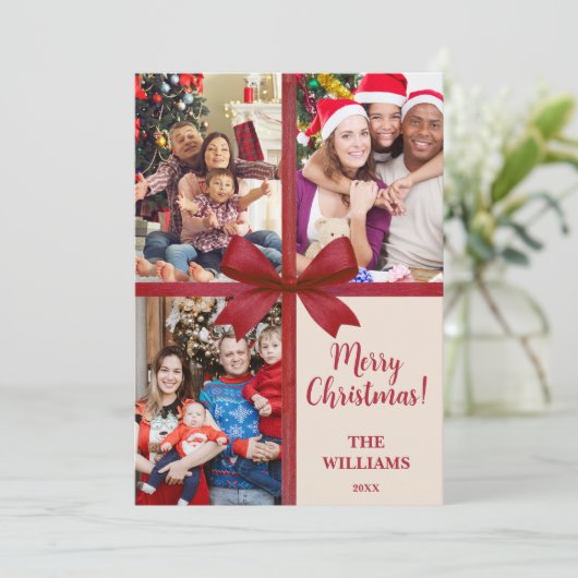 Cartes Pour Fêtes Annuelles Joyeux Noël Elegant Bow Présent Photo Collage (Debout devant)