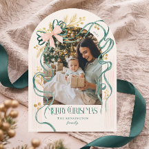 Joyeux Noël Élégant Photo à Arc de Ruban Vert Rose