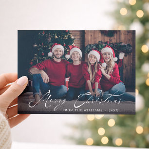 Cartes Pour Fêtes Annuelles Joyeux Noël Élégant Photo de Famille Script Blanc