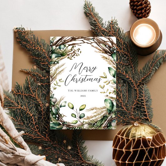 Cartes Pour Fêtes Annuelles Joyeux Noël Élégant Script Rustique Botanique