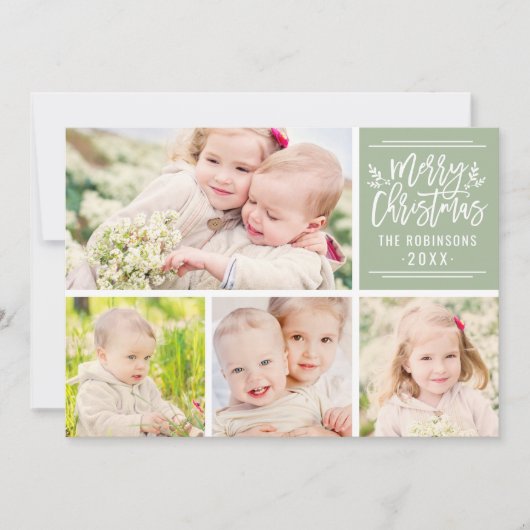 Cartes Pour Fêtes Annuelles Joyeux Noël Élégant Script Vert Photo Collage (Devant)