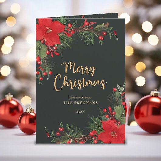 Cartes Pour Fêtes Annuelles Joyeux Noël Élégant Vert Rouge Botanique