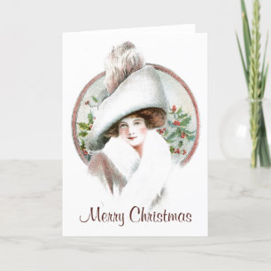 Cartes Pour Fêtes Annuelles Joyeux Noël Élégante Dame Casquette Holly Vintage