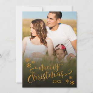 Cartes Pour Fêtes Annuelles Joyeux Noël en or avec photo et flocons de neige