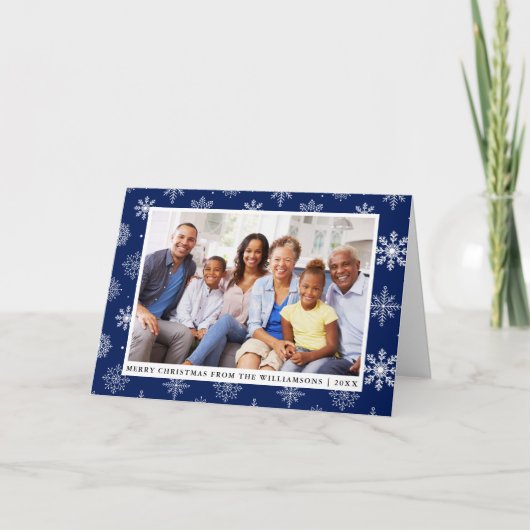 Cartes Pour Fêtes Annuelles Joyeux Noël Famille Photo Flakes Bleu (Devant)