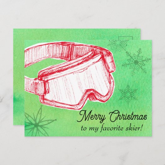 Cartes Pour Fêtes Annuelles Joyeux Noël Favori Skier lunettes Vert (Devant / Derrière)