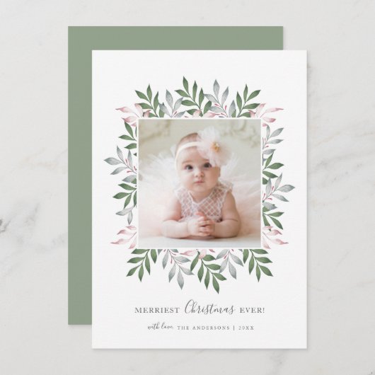 Cartes Pour Fêtes Annuelles Joyeux Noël Festive Verdure Cadre photo (Devant / Derrière)