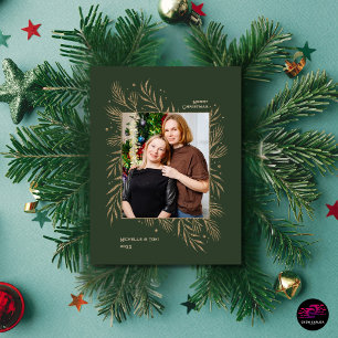 Cartes Pour Fêtes Annuelles Joyeux Noël Feuilles Dorées Famille Photo Vert