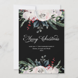 Cartes Pour Fêtes Annuelles Joyeux Noël   Fleurs à l'aquarelle sur fond noir