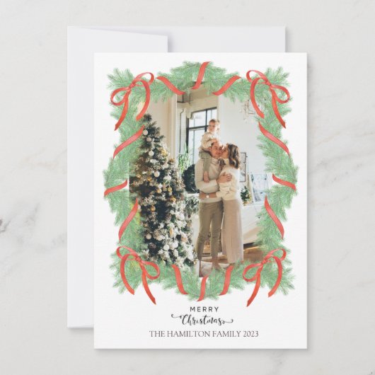 Cartes Pour Fêtes Annuelles Joyeux Noël Garland Frame Bow Photo (Devant)
