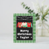Cartes Pour Fêtes Annuelles Joyeux Noël Génial Sweaters Vert avec nom (Debout devant)