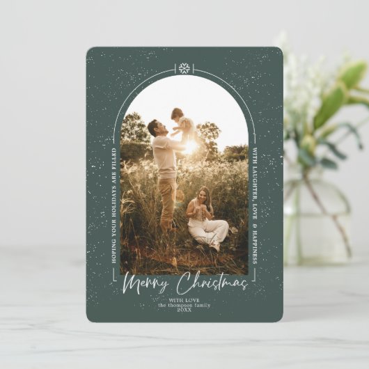 Cartes Pour Fêtes Annuelles Joyeux Noël Géométrique moderne photo vert foncé (Debout devant)