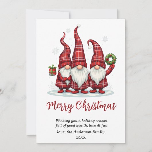 Cartes Pour Fêtes Annuelles joyeux Noël Gnomies rouge plaid non photo (Devant)