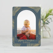 Cartes Pour Fêtes Annuelles Joyeux Noël Gold Palm Blue Beach Photo (Debout devant)